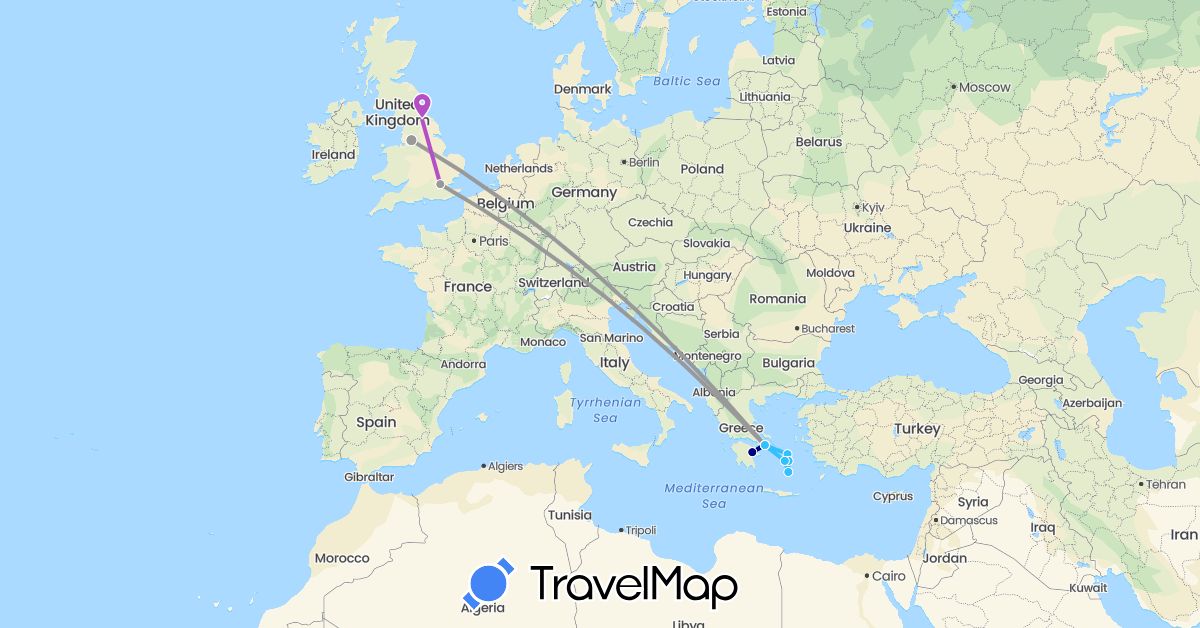 TravelMap itinerary: driving, plane, train, boat in United Kingdom, Greece (Europe)