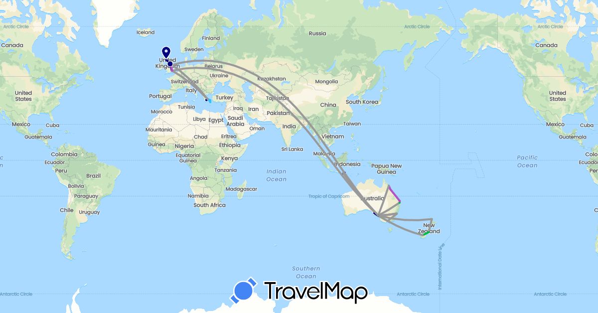 TravelMap itinerary: driving, bus, plane, train, boat in Australia, United Kingdom, Greece, Indonesia, New Zealand (Asia, Europe, Oceania)